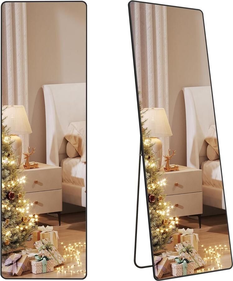 Vasagle Volledige lengte spiegel 160x50cm Rechthoekige staande spiegel aluminium frame gehard glas voor slaapkamer woonkamer kledingkast inktzwart