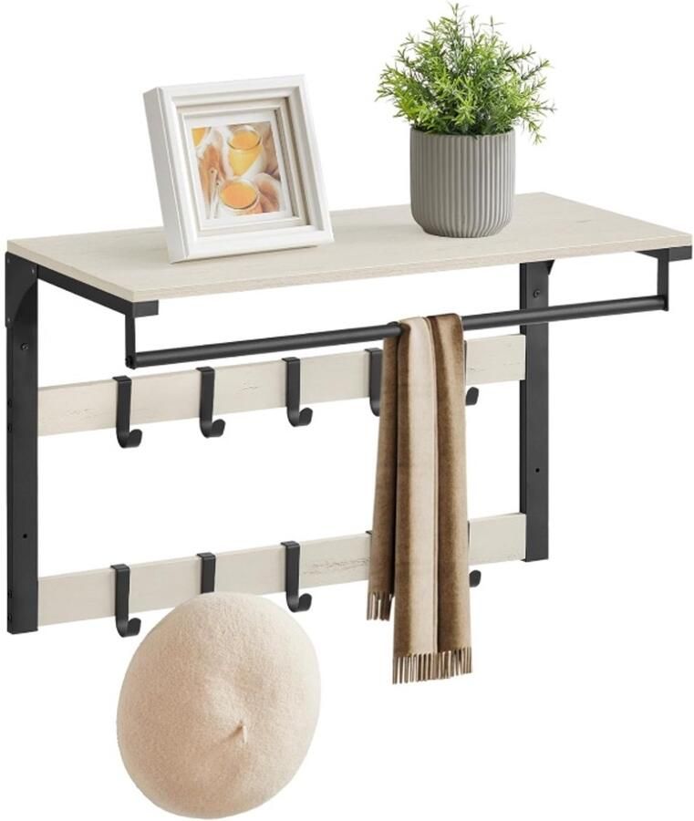 ‎VASAGLE Wandkapstok met plank wandrek met 10 afneembare haken hangrek wandmontage 2 garderobesturen kledingstang voor hal slaapkamer badkamer vintage wit-zwart LCR101W03