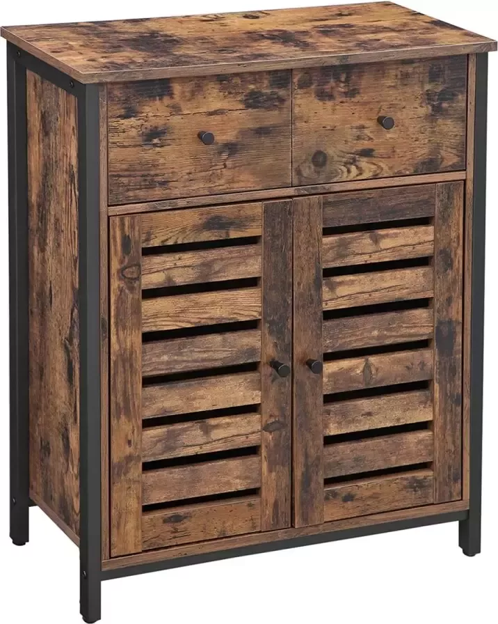 Vasagle WsAJ Home zijkast dressoir met plank en lade met lamellen deurenindustrieel ontwerp vintage bruin-zwart LSC86BX