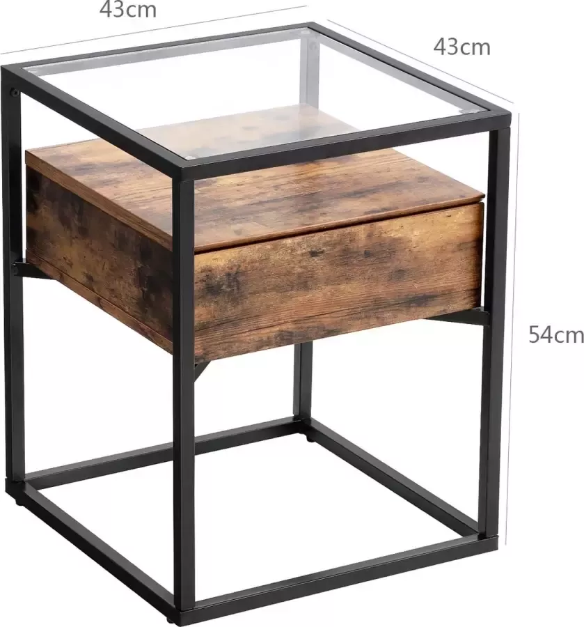 Vasale Bijzettafel Nachtkastje Industrieel Met glasplaat 43 x 43 x 23.5 cm Bruin Zwart