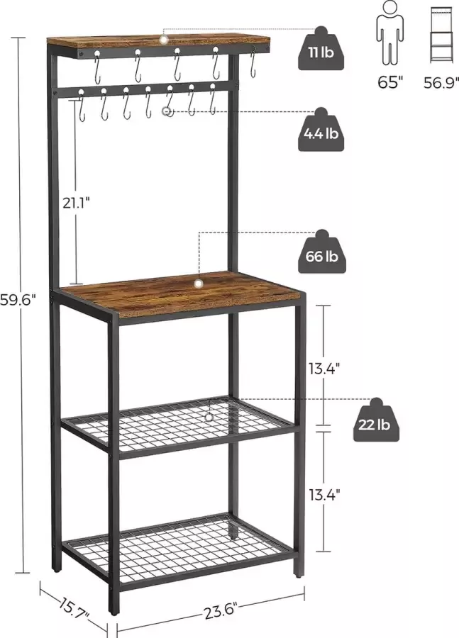 VASGALE Magnetronkast Keukenrek Keukenblok Bakkersrek Met 12 haken Industrieel 60 x 40 x 151.5 cm Bruin Zwart