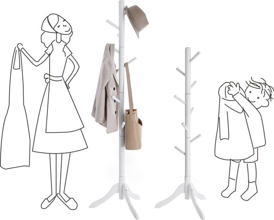 VASGALE Kapstok hout Kapstok staand Garderoberek Halmeubel 8 haken ‎57 x 57 x 175 cm Wit
