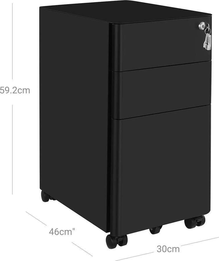 VASGALE Dossierkast Opbergkast Kantoorkast Archiefkast Met wielen lades en slot 30 x 46 x 59.2 cm Zwart