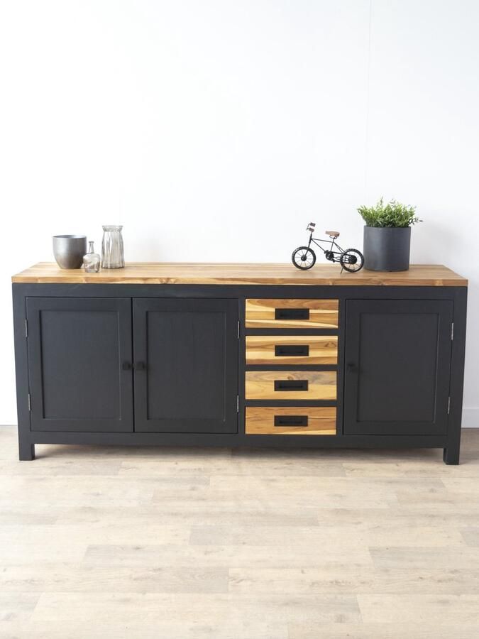 Vavivo meubels Vavivo Zwart Dressoir Teakhout Kast Modern Industrieel