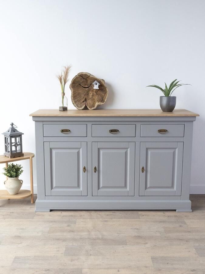 Vavivo Grijs dressoir Eikenhouten kast- Dressoir met eiken blad Landelijk dressoir Landelijk wonen