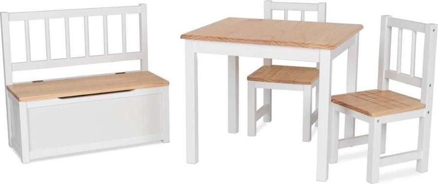 VBBV Kindertafel Met Opbergruimte Kindertafel Met Stoeltjes – Kinderbureau – Inclusief Bankje Met Veel Opbergruimte Set van 4: 1 x tafel + 2 x stoelen + 1 x kistbank