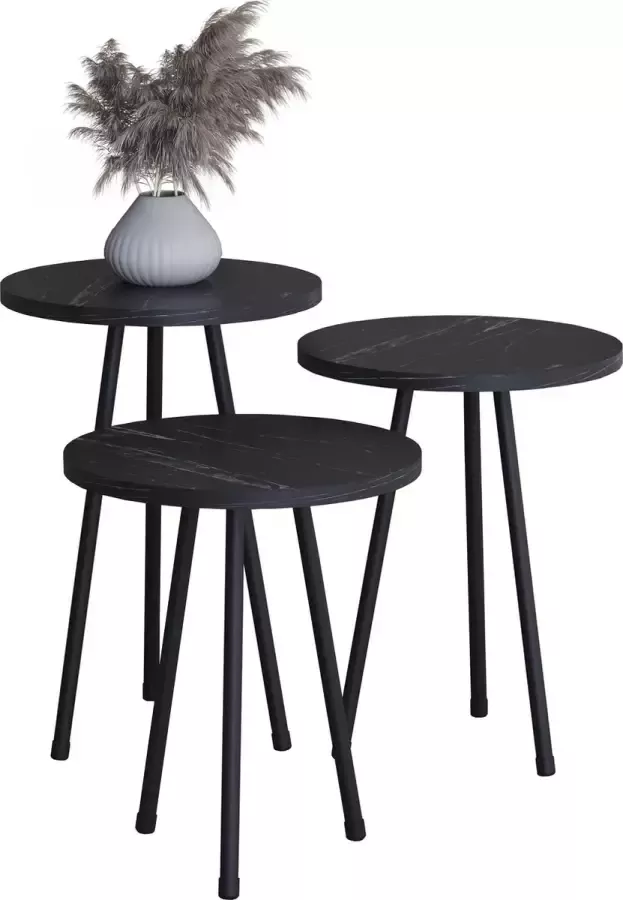 Vcm 3-delige set hout ronde bijzettafel marmer look salontafel bank tafel woonkamer tafel Mirola 3-delige set hout ronde bijzettafel marmer look salontafel bank tafel woonkamer tafel Mirola