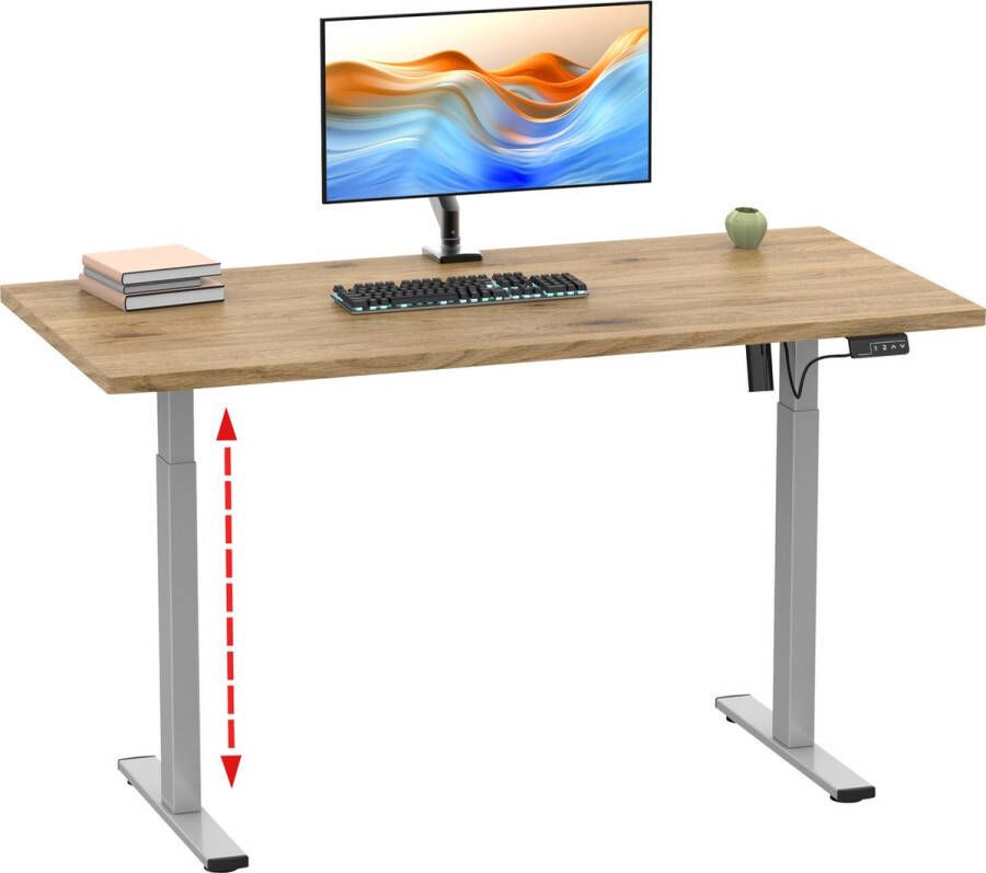 Hioshop LonaE bureau elektrische hef- en daalfunctie 140x50x71-120cm eik decor zilverkleurig.