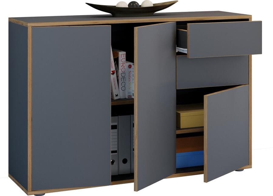 Vcm Houten ladekast dressoir highboard dressoirkast kantoormeubilair Salia breedte 110 cm lade draaideuren Houten ladekast dressoir highboard dressoirkast kantoormeubilair Salia breedte 110 cm lade draaideuren