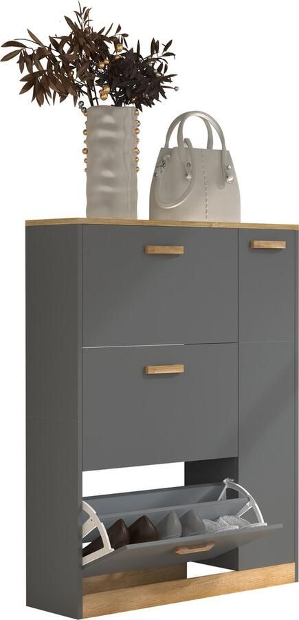 Vcm Houten plank Kipper schoenenrek Schoenenkast Schoenenkipper 3 kleppen 1 draaideur Halom L Houten plank Kipper schoenenrek Schoenenkast Schoenenkipper 3 kleppen 1 draaideur Halom L