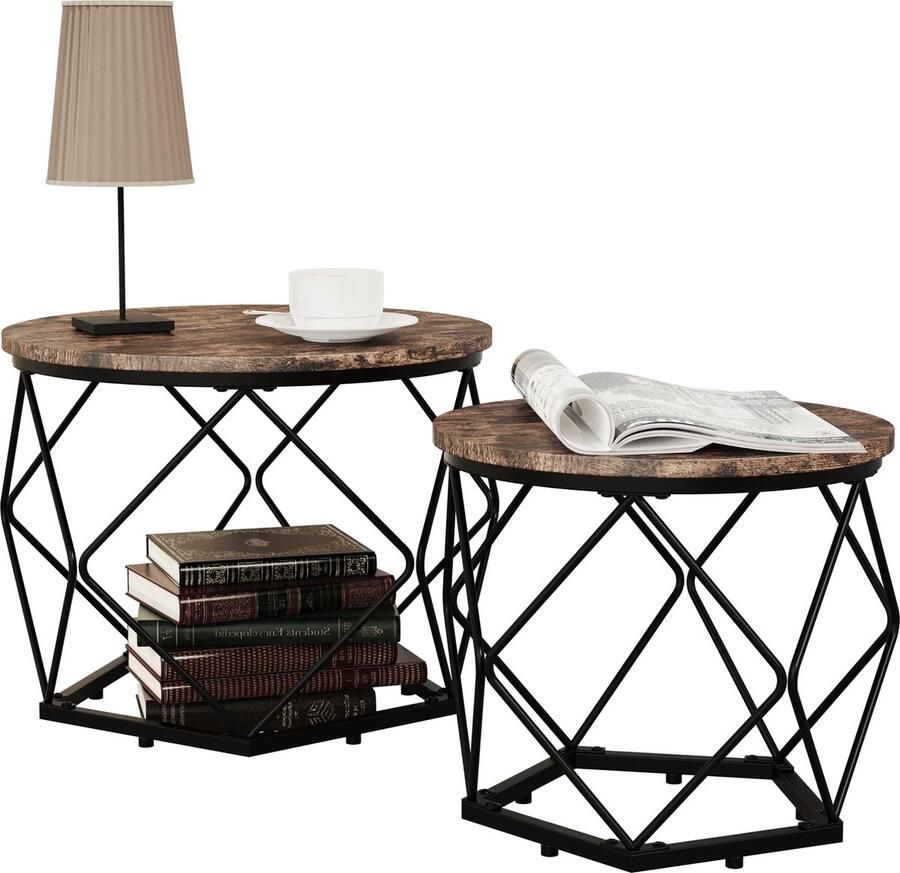 Vcm Set van 2 houten metalen bijzettafels Salontafel Sofa-tafel Nachtkastje Helaro M Set van 2 houten metalen bijzettafels Salontafel Sofa-tafel Nachtkastje Helaro M