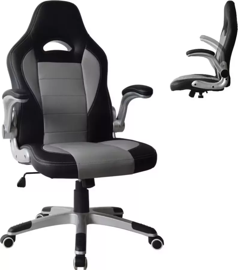 VDD Gaming Bureaustoel Thomas gamestoel inklapbare armleuning ergonomisch grijs zwart