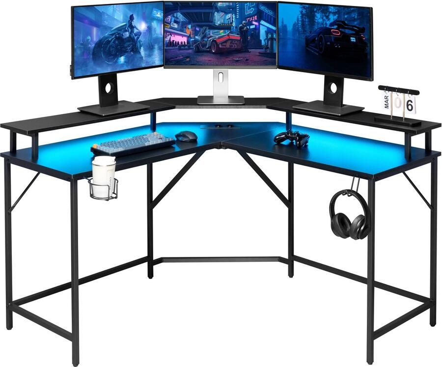 VDD Gaming Hoekbureau game bureau L vormig bureau USB en USB C poort en stroomsnoer aansluiting in bureaublad LED verlichting 130 x 130 x 50 cm bureaublad