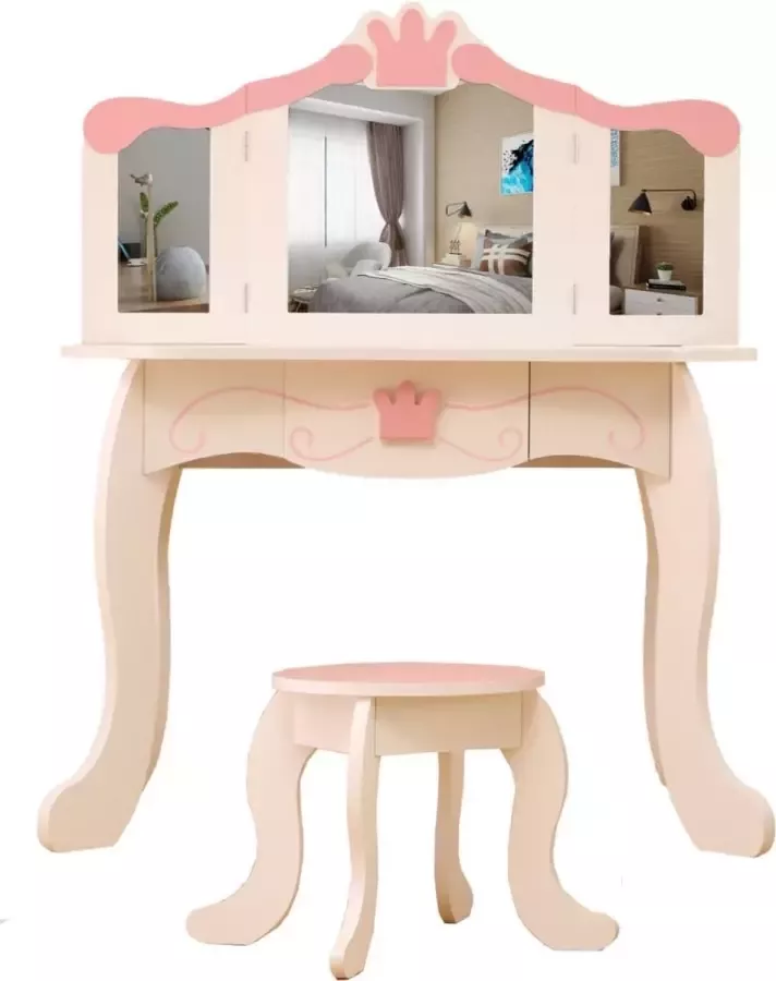 VDD Kaptafel make up visagie tafel Prinses meisje met spiegel en krukje wit roze