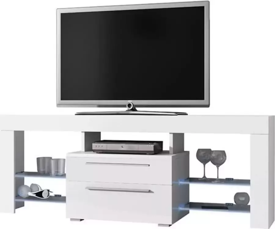 VDD TV meubel TV dressoir Navia high design LED verlichting body wit mat front lades hoogglans wit