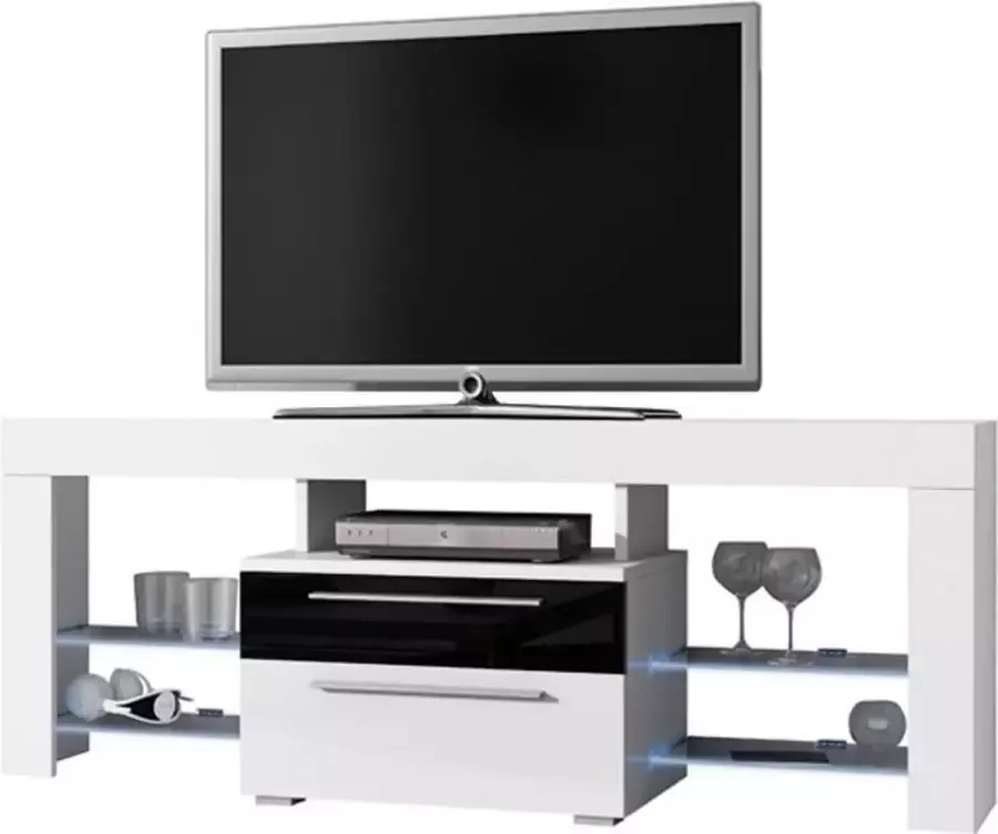 VDD TV meubel TV dressoir Navia high design LED verlichting body wit mat front lades hoogglans zwart wit