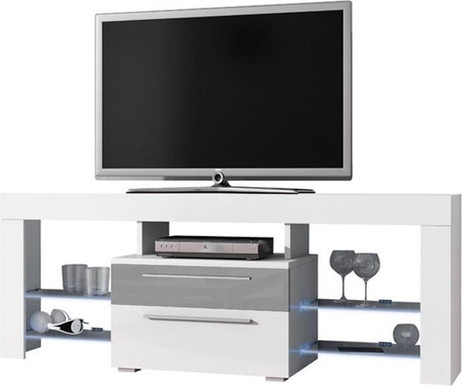 VDD TV meubel TV dressoir Navia high design LED verlichting body wit mat front lades hoogglans grijs