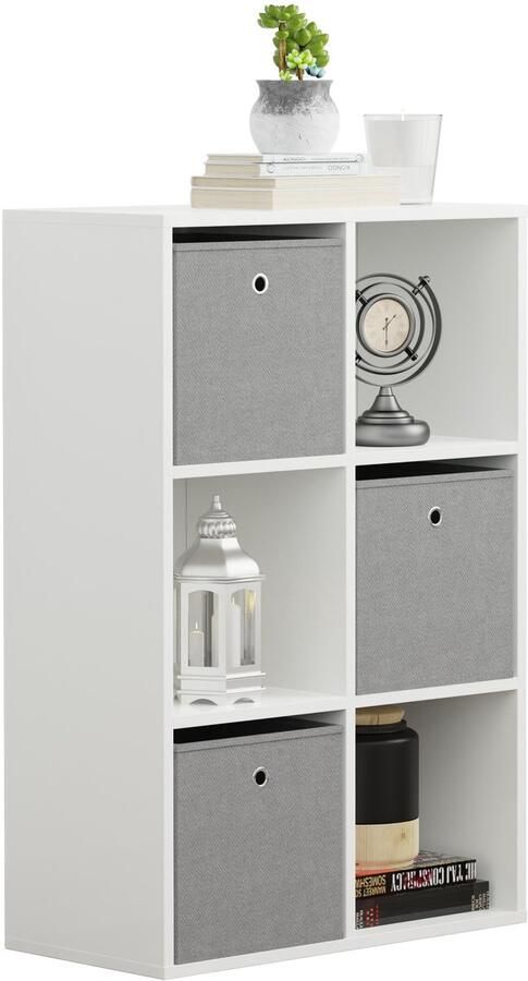 VDD – Vakkenkast incl. 3 opbergdozen – Wandkast – Vakkenkast Wit – Vakken Kast – Wandkastje – Wandkasten – Wandkasten Woonkamer – 6 Vakken – Wit