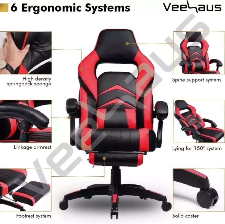 Veehaus PASCO Gaming Stoel Bureaustoel met Voetensteun Bureaustoel Ergonomisch Design Verstelbare Hoofdsteun Lendensteun Belastbaar tot 150 kg Zwart Rood