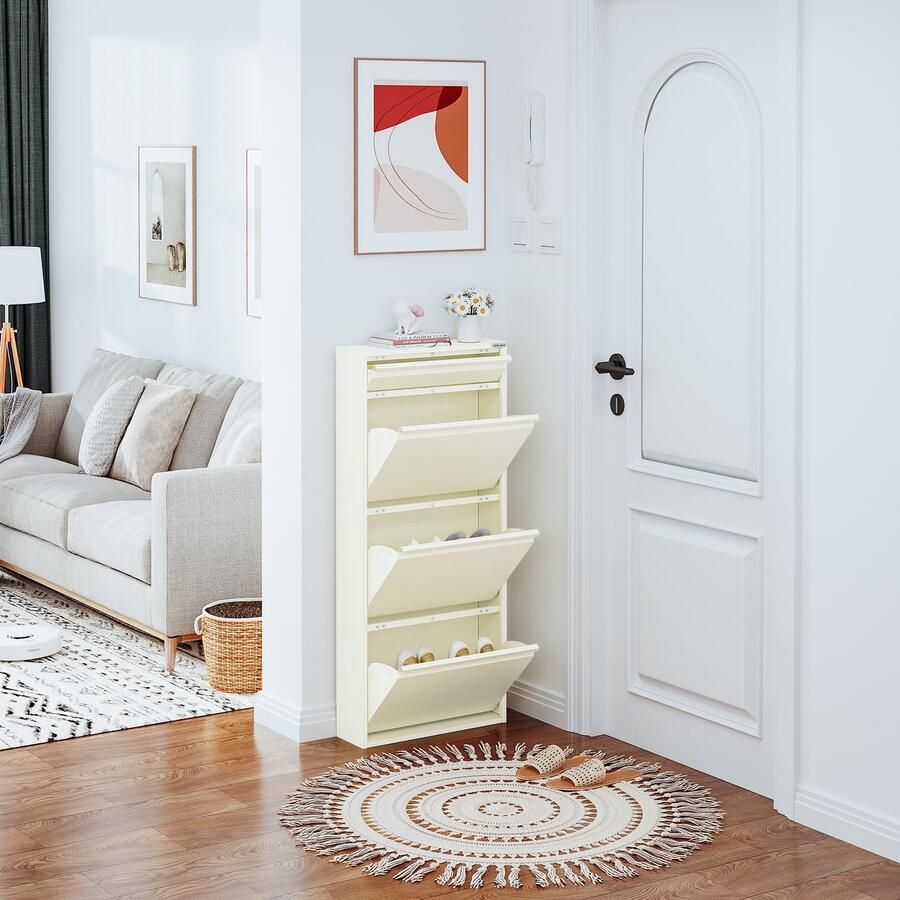 Veehaus Graham Praktisch Schoenenrek -Schoenenrek creme Schoenenrek met 3 Niveaus Extra Niveau Schoenenkast creme Schoenenrek metaal industrieel Metaal 50 x 114 x 15cm -Creme