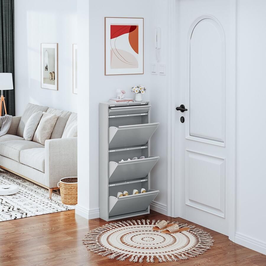Veehaus Graham Praktisch Schoenenrek -Schoenenrek grijs Schoenenrek met 3 Niveaus Extra Niveau Schoenenkast grijs Schoenenrek metaal industrieel Metaal 50 x 114 x 15cm Grijs