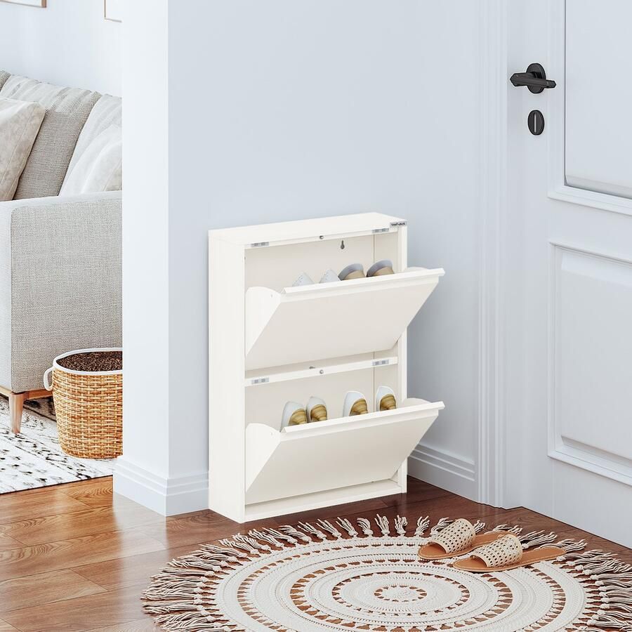 Veehaus Paplet Praktisch Schoenenrek -Schoenenrek ooster wit Schoenenrek met 2 Niveaus Schoenenkast Ooster wit Schoenenrek metaal industrieel Metaal 50 x 70 x 15cm -Ooster Wit