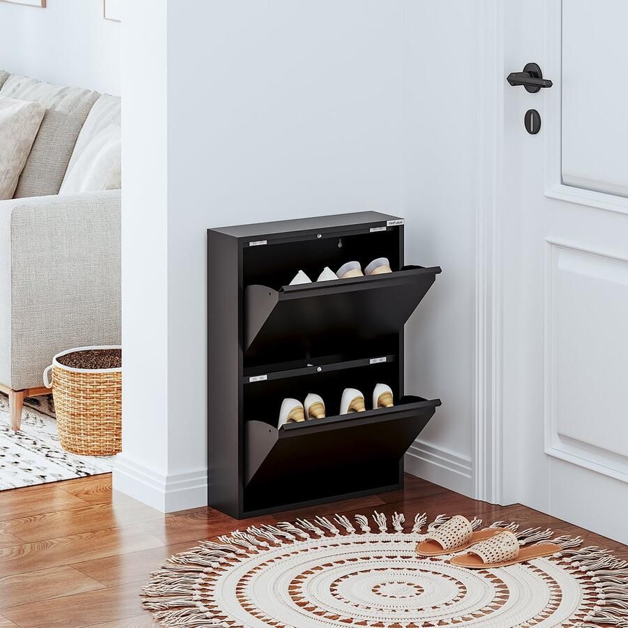 Veehaus Paplet Praktisch Schoenenrek -Schoenenrek zwart Schoenenrek met 2 Niveaus Schoenenkast zwart Schoenenrek metaal industrieel Metaal 50 x 70 x 15cm -Zwart