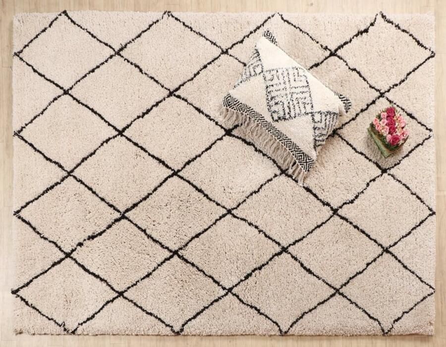 Velaar Vloerkleed Berlin Hoogpolig Geruit Fluffy Berber Zwart Wit 200x300 CM