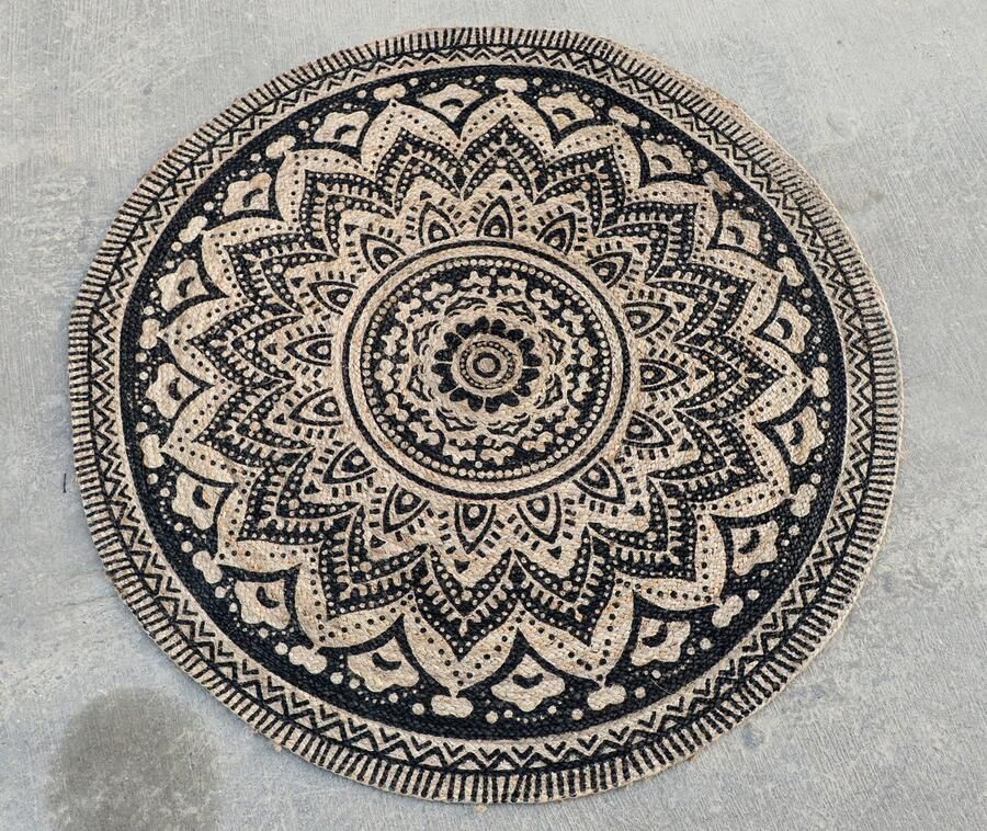 Velaar Vloerkleed Jaipur Jute Klasik Rond Tapijt 100% Jute Beige Zwart 150 CM ROND