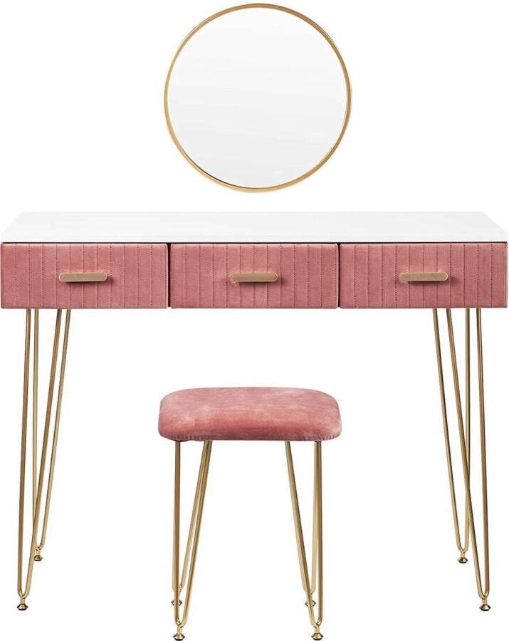 Velox Roze Kaptafel met Spiegel en Krukje Make up tafel Spiegel met opbergruimte Fluweel Roze Slaapkamer accessoire