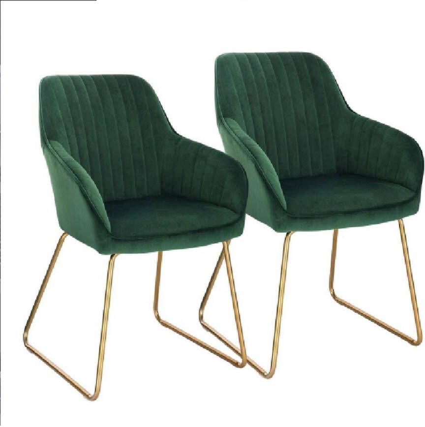 Velox Velvet Eetkamerstoelen met Armleuning Eetkamerstoel Velours Stijlvol Ergonomisch & Comfortabel Set van 2 Donkergroen met Gouden Poten
