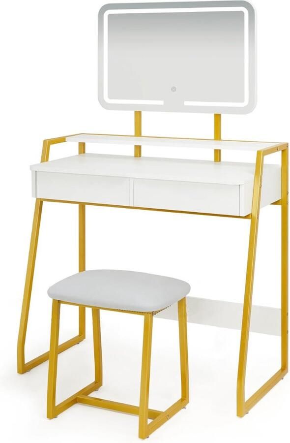 VELTRR Veltro Make up Tafel Kaptafel met Spiegel en Verlichting Hollywood Spiegel Hout Wit met Goud