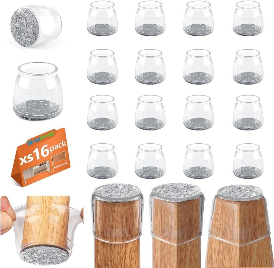 Venkuber 16-delige Set Ronde Stoelpootbeschermers Vilten Stoelglijders Voor Hardhouten Vloeren Siliconen Stoelvoetcups Met Vilten Pads Krasbestendig En Geluidsreducerend (transparante Versie Met Grijze Pads Extra Klein)