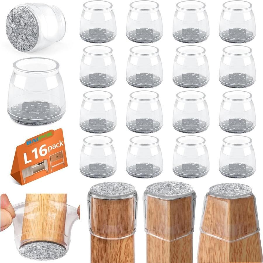 Venkuber 16-delige Set Ronde Stoelpootbeschermers Vilten Stoelglijders Voor Hardhouten Vloeren Siliconen Stoelvoetcups Met Vilten Pads Krasbestendig En Geluidsreducerend (Zwartkleurige Gele Pads Extra Klein Formaat)