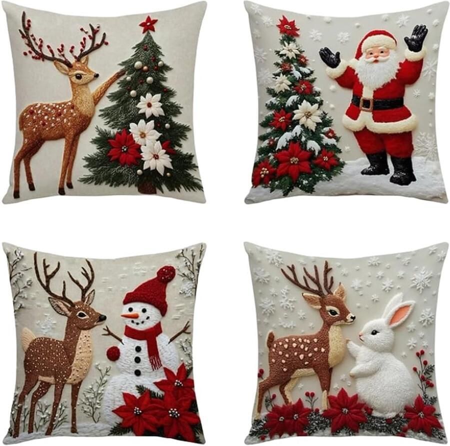 Venkuber 4 stuks kerst kussenslopen 45x45 cm Linnen kussenslopen Met kerst decoratie van rendier sneeuwpop en dennenboom Kerst huisdecoratie Geschikt voor woonkamer bank