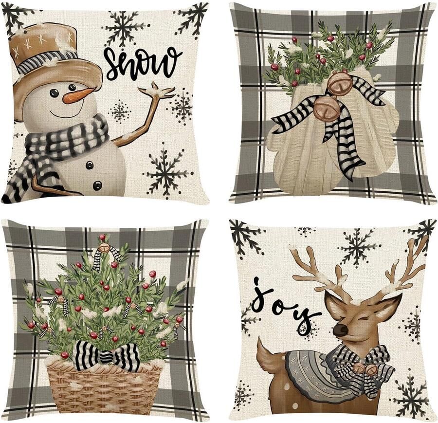 Venkuber 4 stuks kerstkussenhoezen 45x45 cm kerstkussenhoezen in de vorm van een sneeuwpop en rendier kussenhoezen voor de wintervakantie kerstdecoraties voor thuis binnen en op de bank