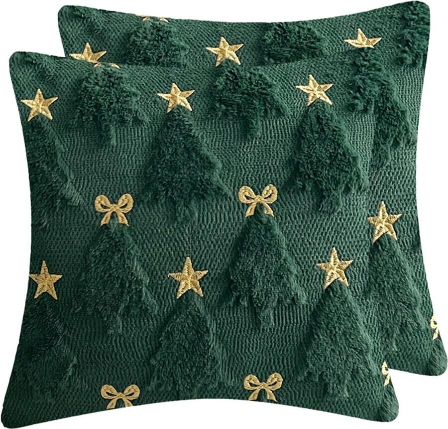 Venkuber Kerst Kussenhoezen 45x45cm Set van 2 Groene Pluche Kussenhoezen met 3D Kerstboom en Strik Zachte Sierkussenhoezen voor Bank Bed Woonkamer Winter & Feestelijke Decoratie Zonder Vulling