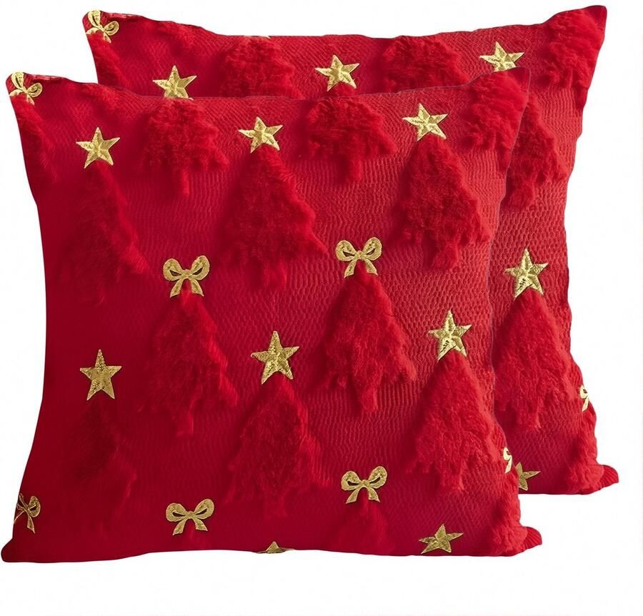 Venkuber Kerst Kussenhoezen 45x45cm Set van 2 Rode Pluche Kussenhoezen met 3D Kerstboom en Strik Zachte Sierkussenhoezen voor Bank Bed Woonkamer Winter & Feestelijke Decoratie Zonder Vulling