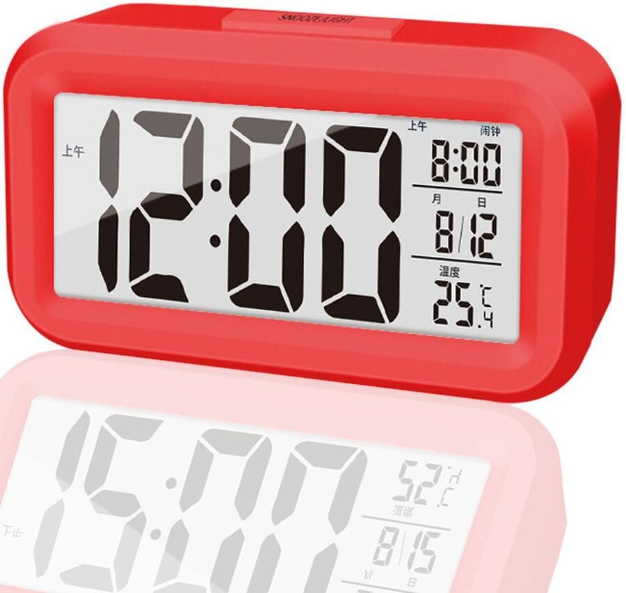 Venkuber Verbeterde digitale wekker LED-display met temperatuur Grotere LED-lichtregeling Draagbare sluimerkalender Helderheid met batterijgevoede wekker Nachtkastje rood