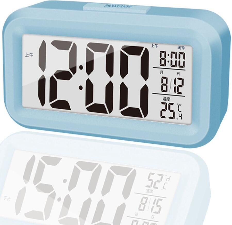 Venkuber Verbeterde digitale wekker LED-display met temperatuur Grotere LED-lichtregeling Draagbare sluimerkalender Helderheid met batterijgevoede wekker Nachtkastje blauw