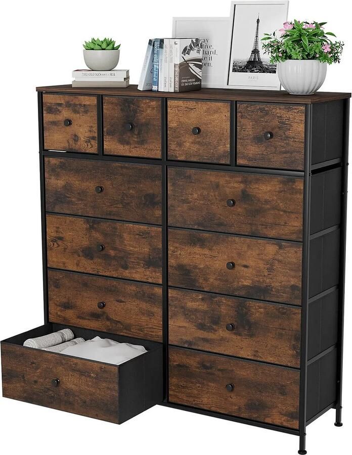 Venori Dressoir Ladekast Opbergkast met lades Hout look kast Halmeubel Industrieel 110x100x30cm 12 lades