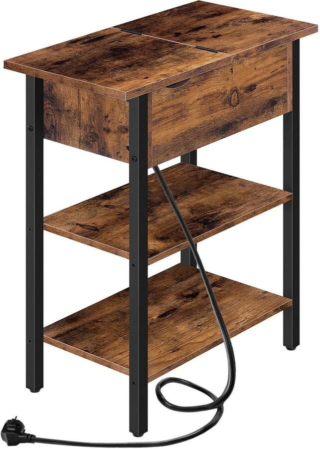 Venori Nachtkastje industrieel Bijzettafel Met oplaad station Mobiel opladen 26x48x64 Hout zwart