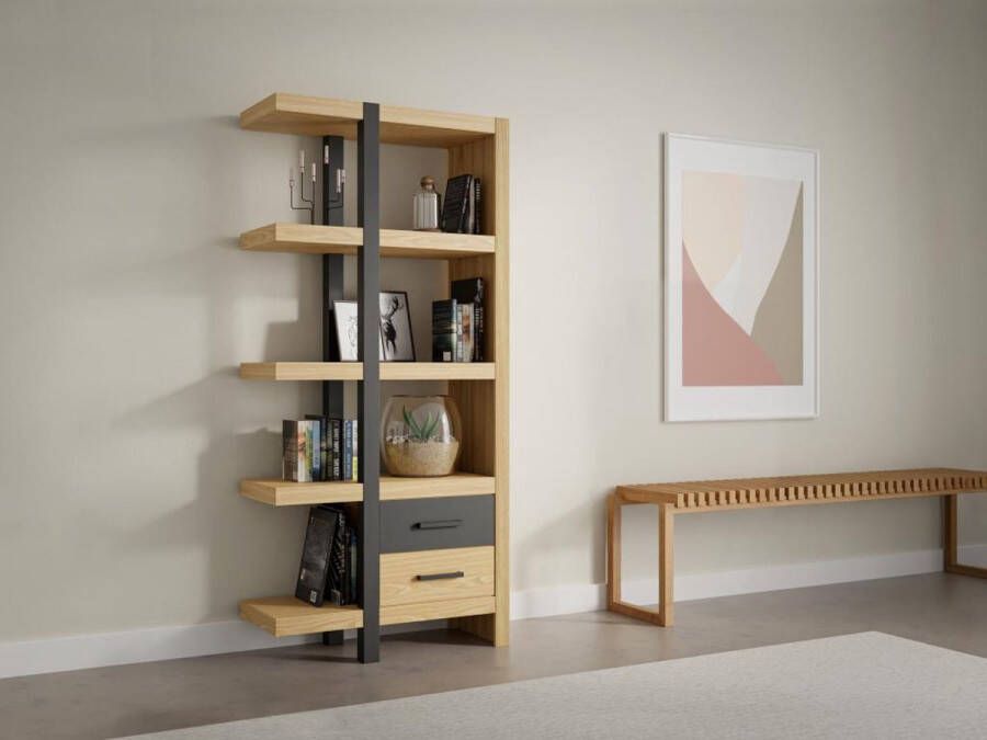 Vente-unique Bibliotheek met 2 laden en 3 planken Acaciahout en metaal Natuurlijk en zwart JALEBA L 80 cm x H 180 cm x D 35 cm