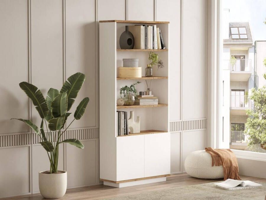 Vente-unique Boekenkast met 2 deuren en 4 nissen Licht naturel en wit LOTULA L 75.5 cm x H 168.3 cm x D 26.8 cm