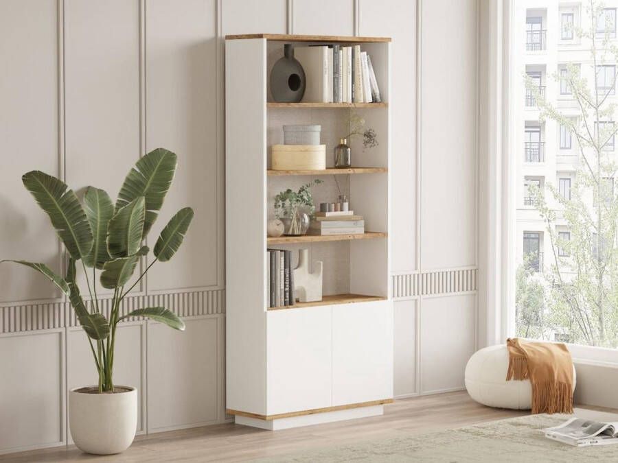 Vente-unique Boekenkast met 2 deuren en 4 nissen Licht naturel en wit LOTULA L 75.5 cm x H 168.3 cm x D 26.8 cm