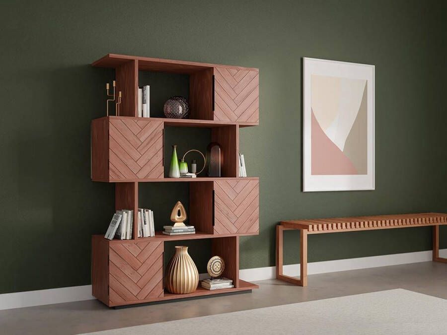 Vente-unique Bibliotheek met 4 deuren en 4 vakken Acaciahout en metaal Natuurlijk en zwart VEDILA L 100 cm x H 145 cm x D 35 cm