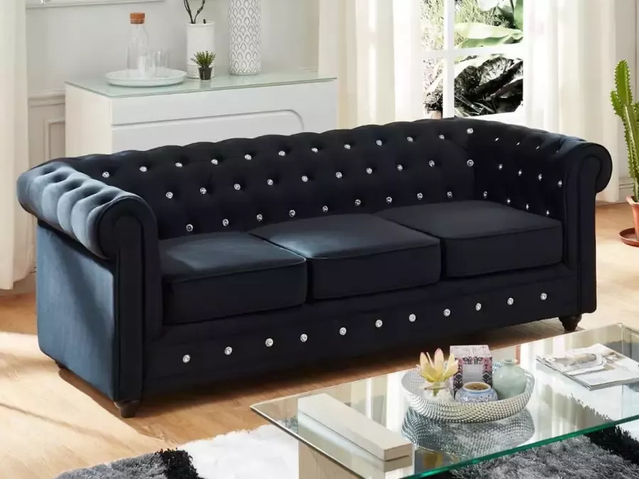 Vente-unique Driezitsbank CHESTERFIELD velours zwart met kristallen knopen L 205 cm x H 72 cm x D 88 cm - Foto 4