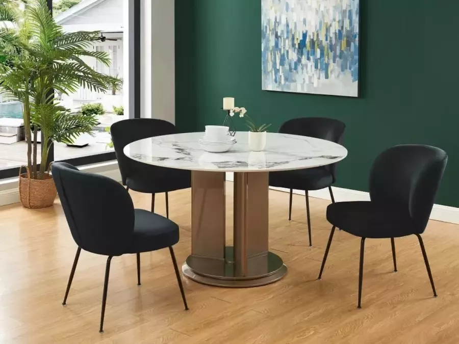 Vente-unique Eettafel 4 personen van keramiek en mdf Wit marmer en taupekleurig gelakt effect GOULBURN L 135 cm x H 76 cm x D 135 cm