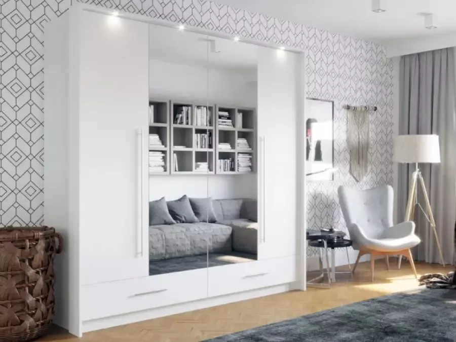 Vente-unique Kast met 2 deuren en 2 laden met spiegel en LEDs L. 210 cm Wit SINALIA L 210 cm x H 221 cm x D 67 cm