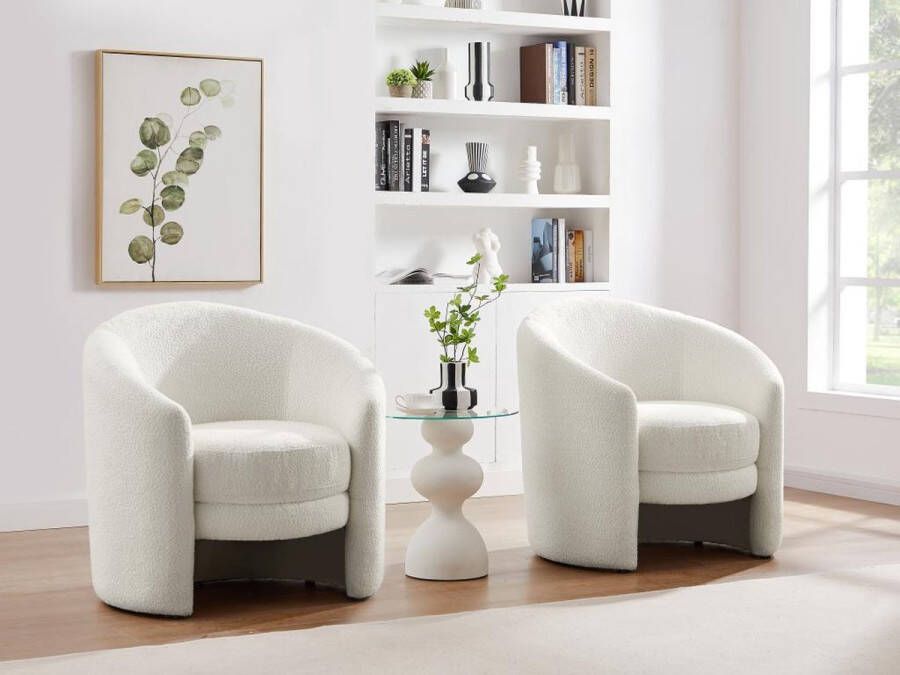 Vente-unique Ronde draaibare fauteuil van witte boucléstof RUOTO L 82 cm x H 82 cm x D 80 cm